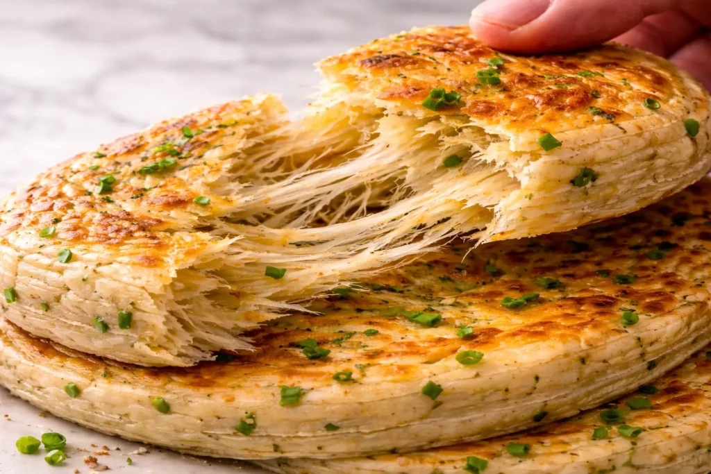 LQQM puff paratha chive onion flatbread flaky layers pulled apart golden texture