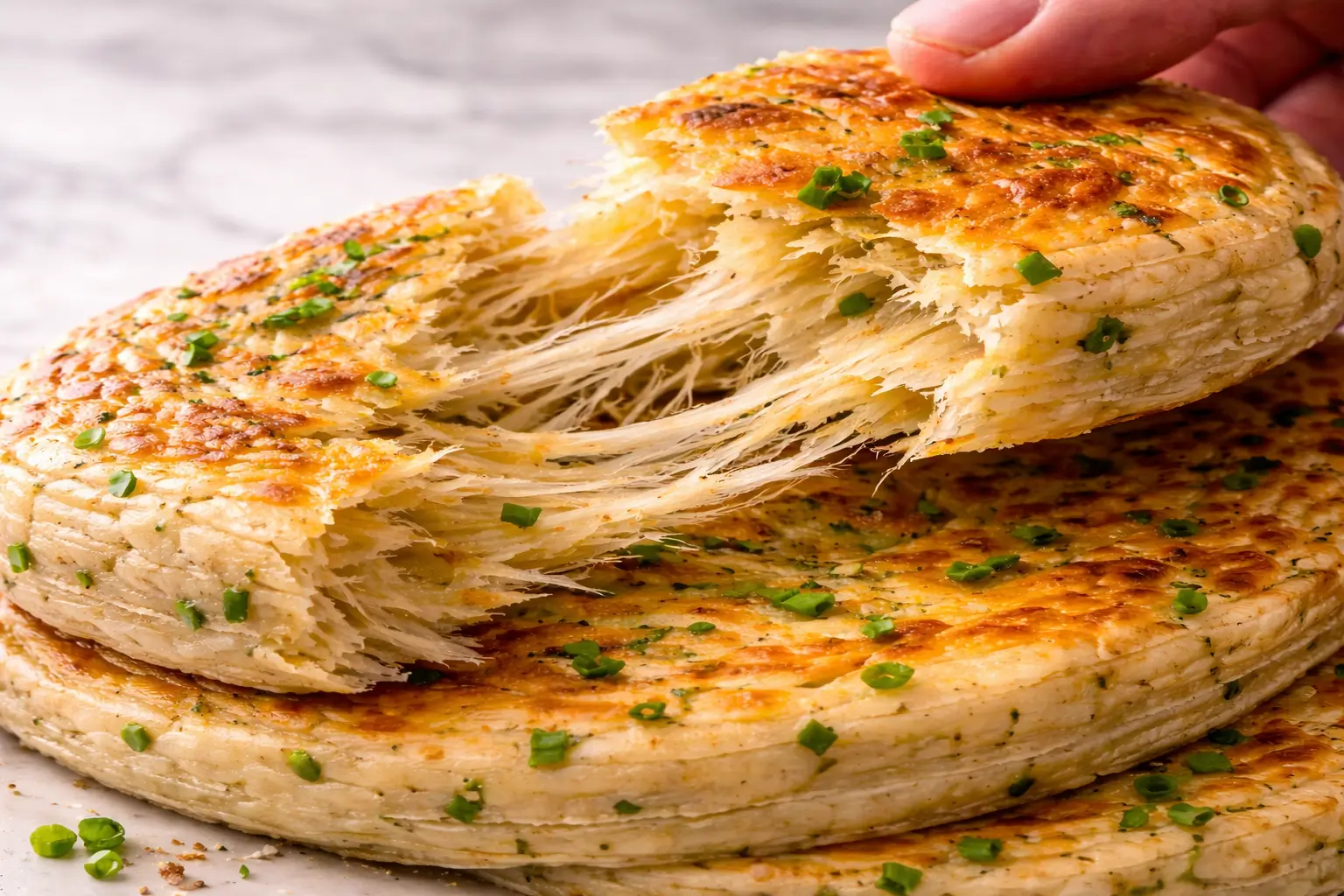 LQQM puff paratha chive onion flatbread flaky layers pulled apart golden texture