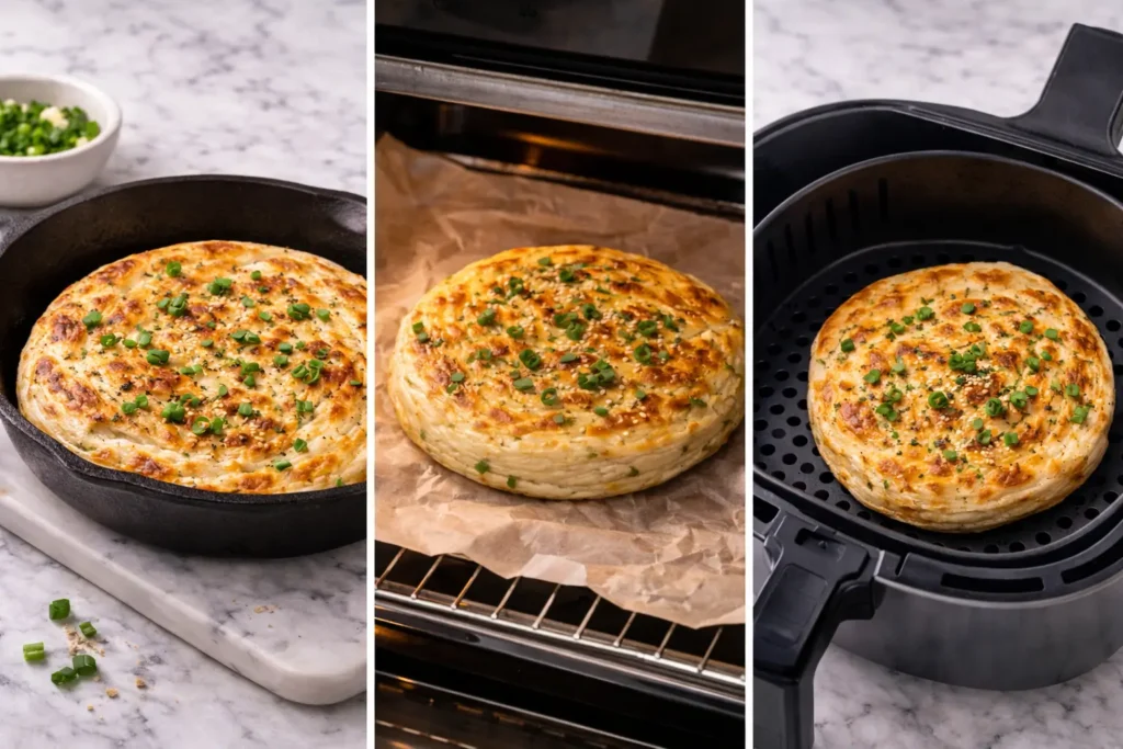 LQQM puff paratha chive onion flatbread cooked in cast iron skillet on marble