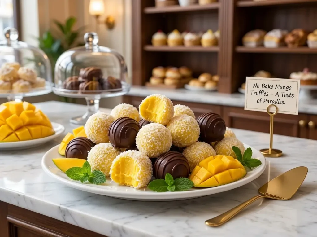 mango truffles coconut and chocolate close up creamy texture