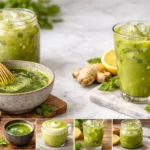 matcha tea recipe for weight loss with iced matcha drink and whisked matcha bowl on marble counter