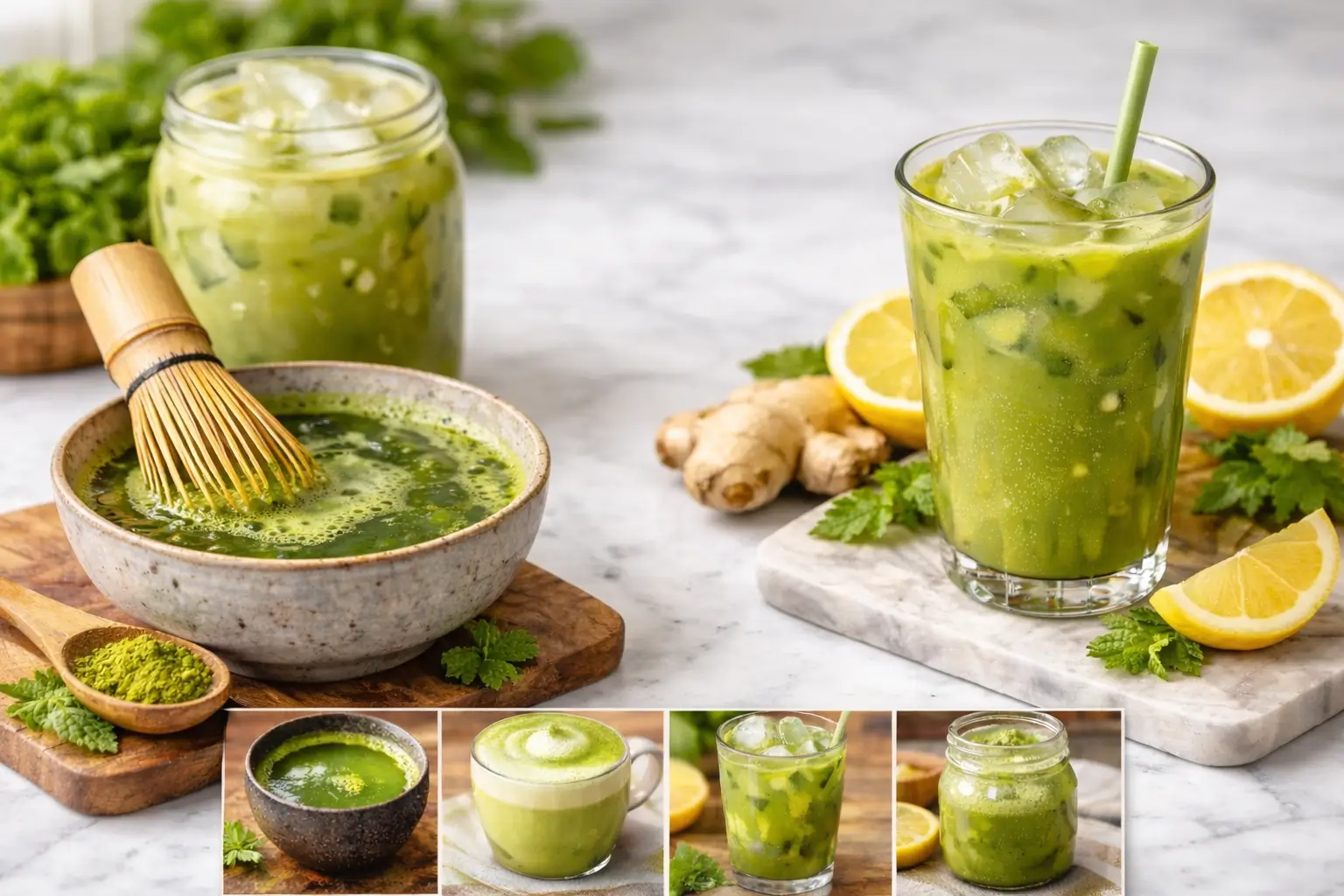 matcha tea recipe for weight loss with iced matcha drink and whisked matcha bowl on marble counter
