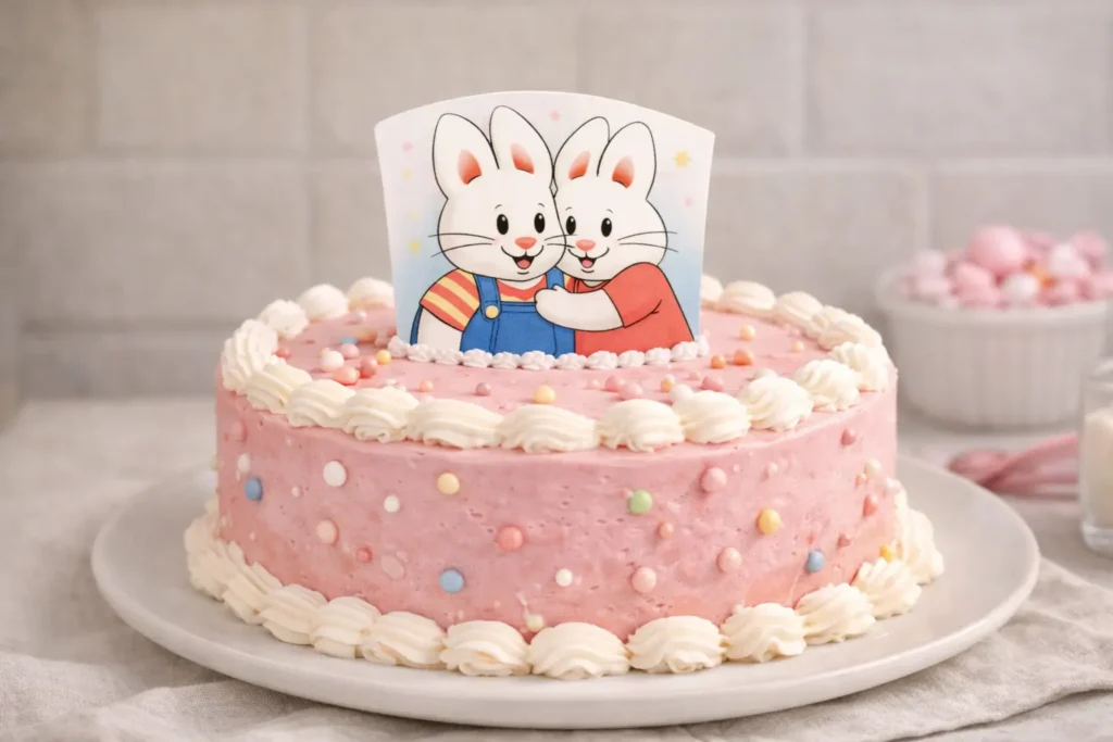 max and ruby cake decorated with pink frosting and bunny topper