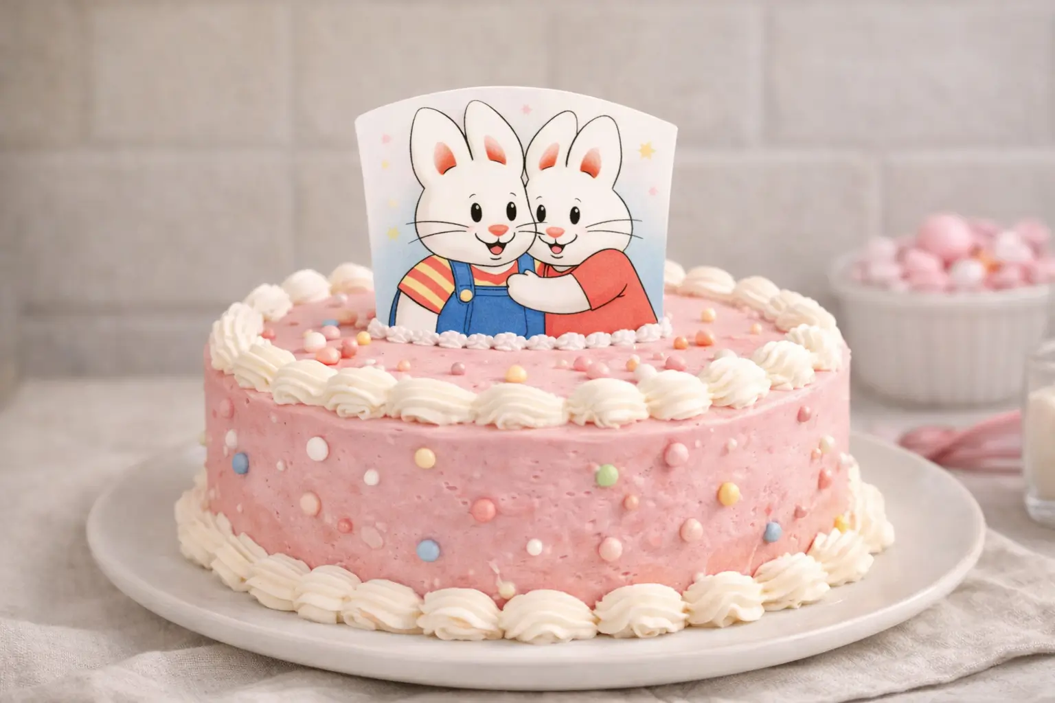 max and ruby cake decorated with pink frosting and bunny topper