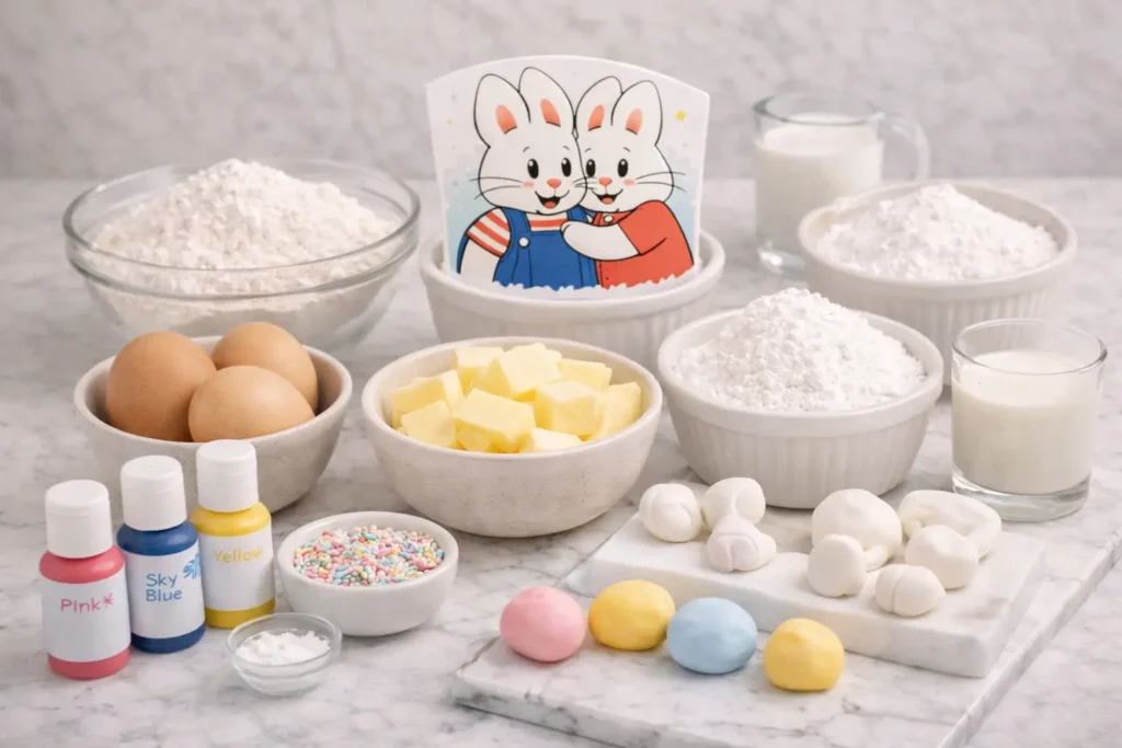 max and ruby cake ingredients arranged on white marble surface in bowls