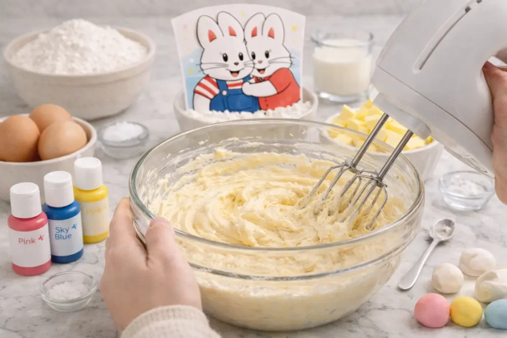 preparing max and ruby cake batter in glass bowl with mixer