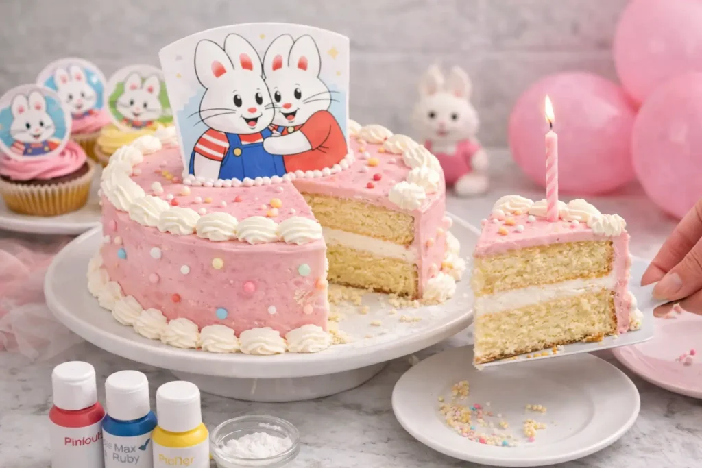 max and ruby cake slice served on plate with pink frosting and pastel sprinkles