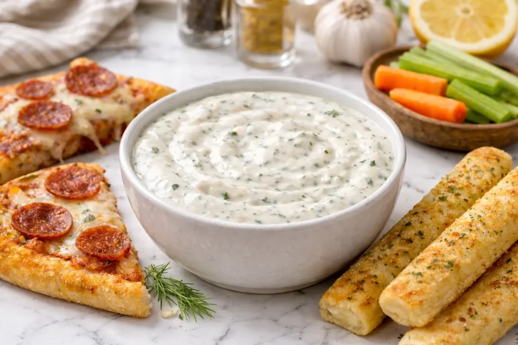 creamy mazzios ranch recipe copycat dressing in a bowl with pizza slices and breadsticks on white marble background