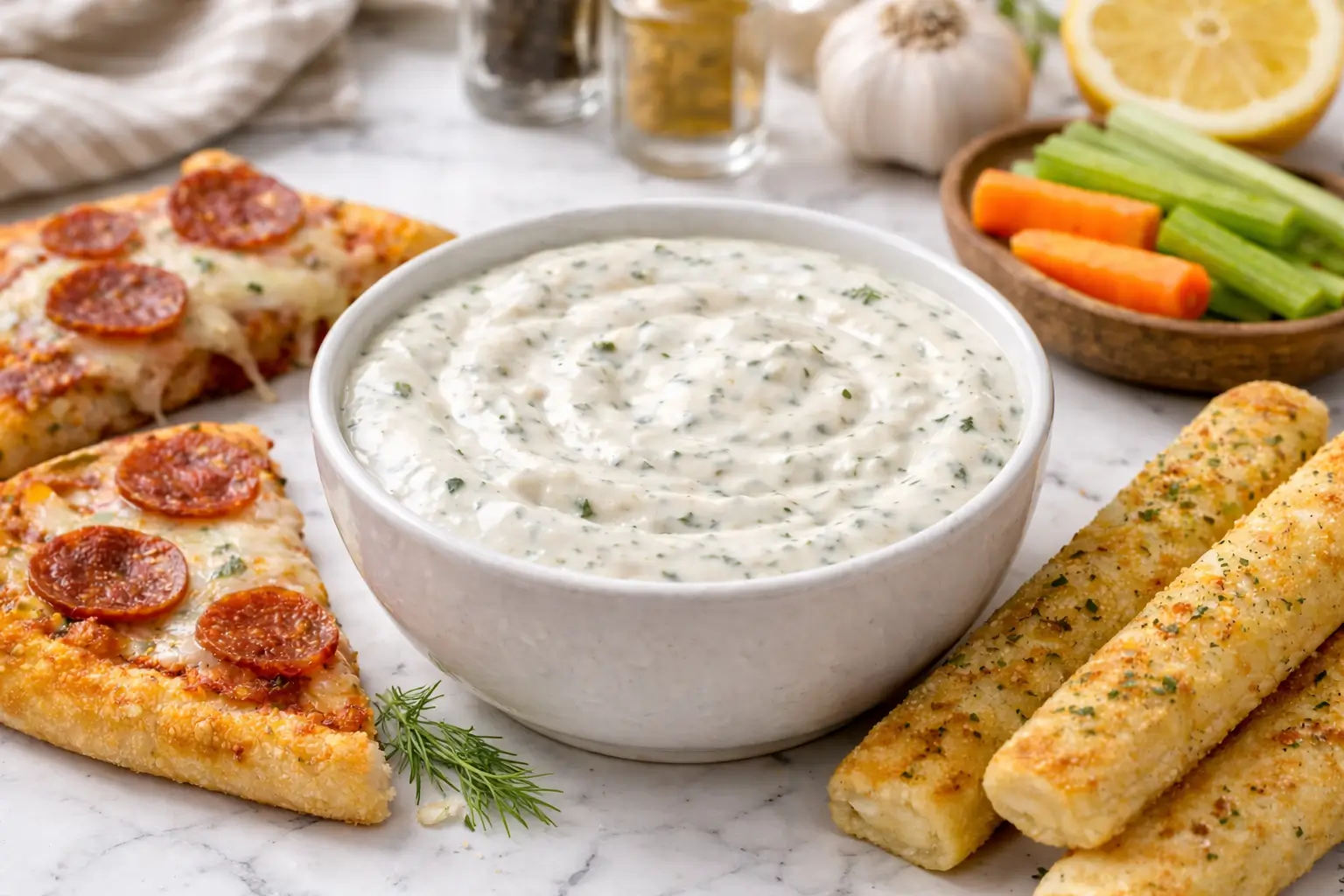 creamy mazzios ranch recipe copycat dressing in a bowl with pizza slices and breadsticks on white marble background