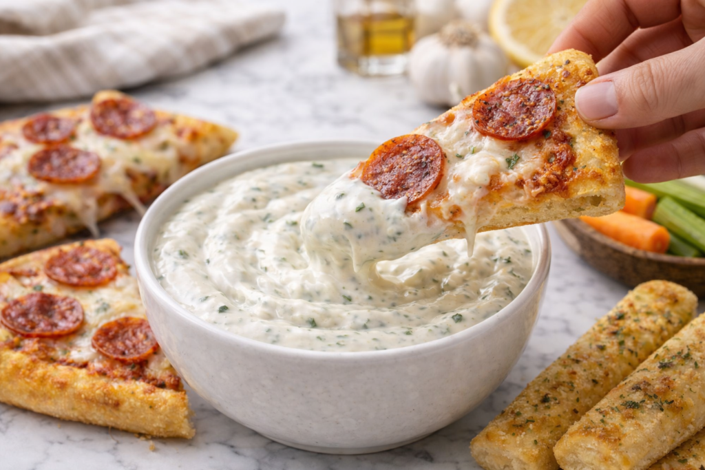 pepperoni pizza slice dipped into creamy mazzios ranch recipe in a white bowl on marble countertop