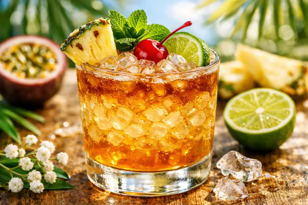 Merriman's Mai Tai mocktail with crushed ice pineapple cherry lime and mint garnish tropical Hawaiian drink