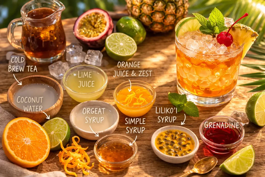 Ingredients for Merriman's Mai Tai mocktail including lime juice orange zest coconut water orgeat passion fruit syrup and grenadine