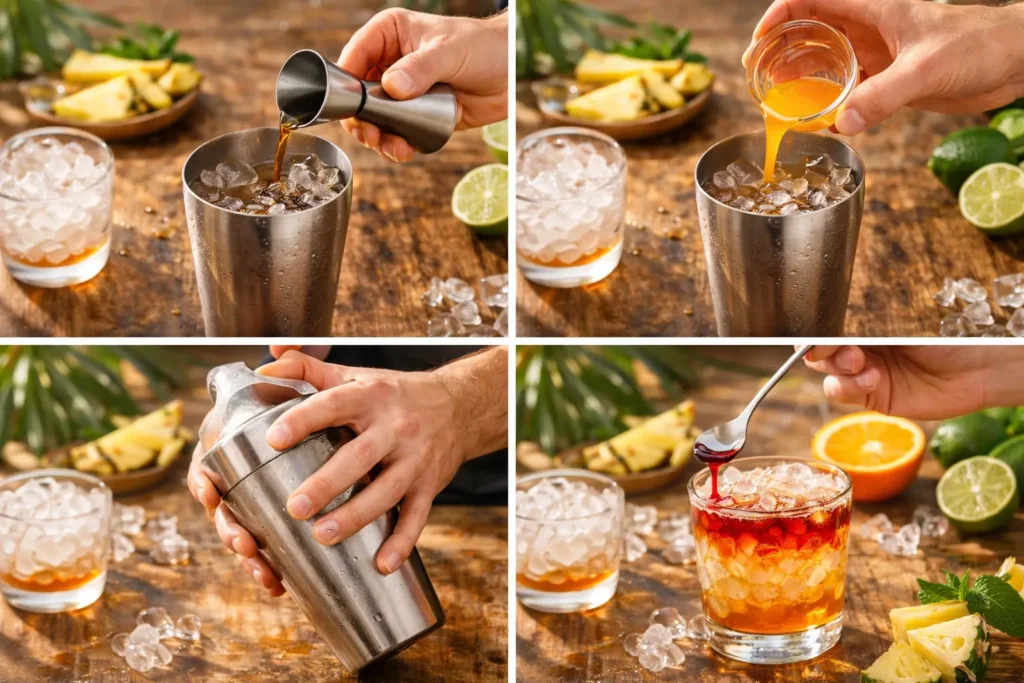 Step by step preparation of Merriman's Mai Tai mocktail showing shaking citrus mixing and grenadine float