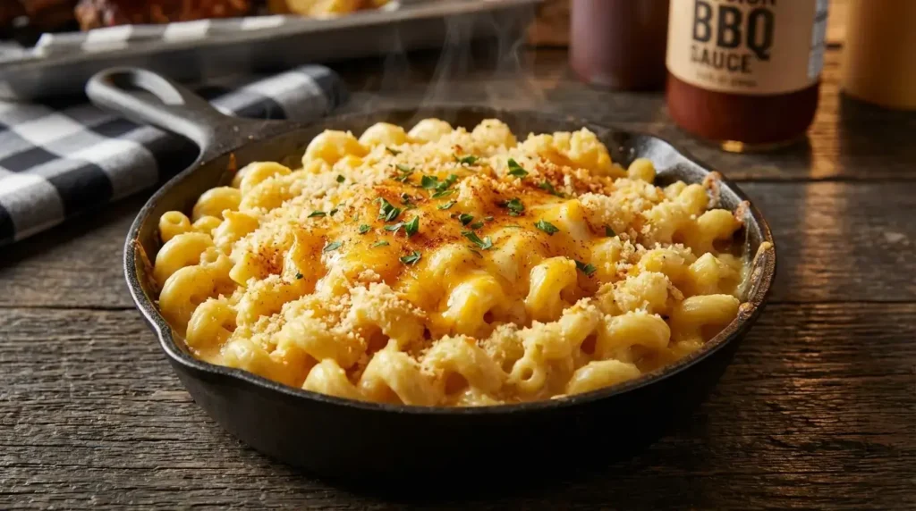 mission bbq mac and cheese recipe in a cast iron skillet