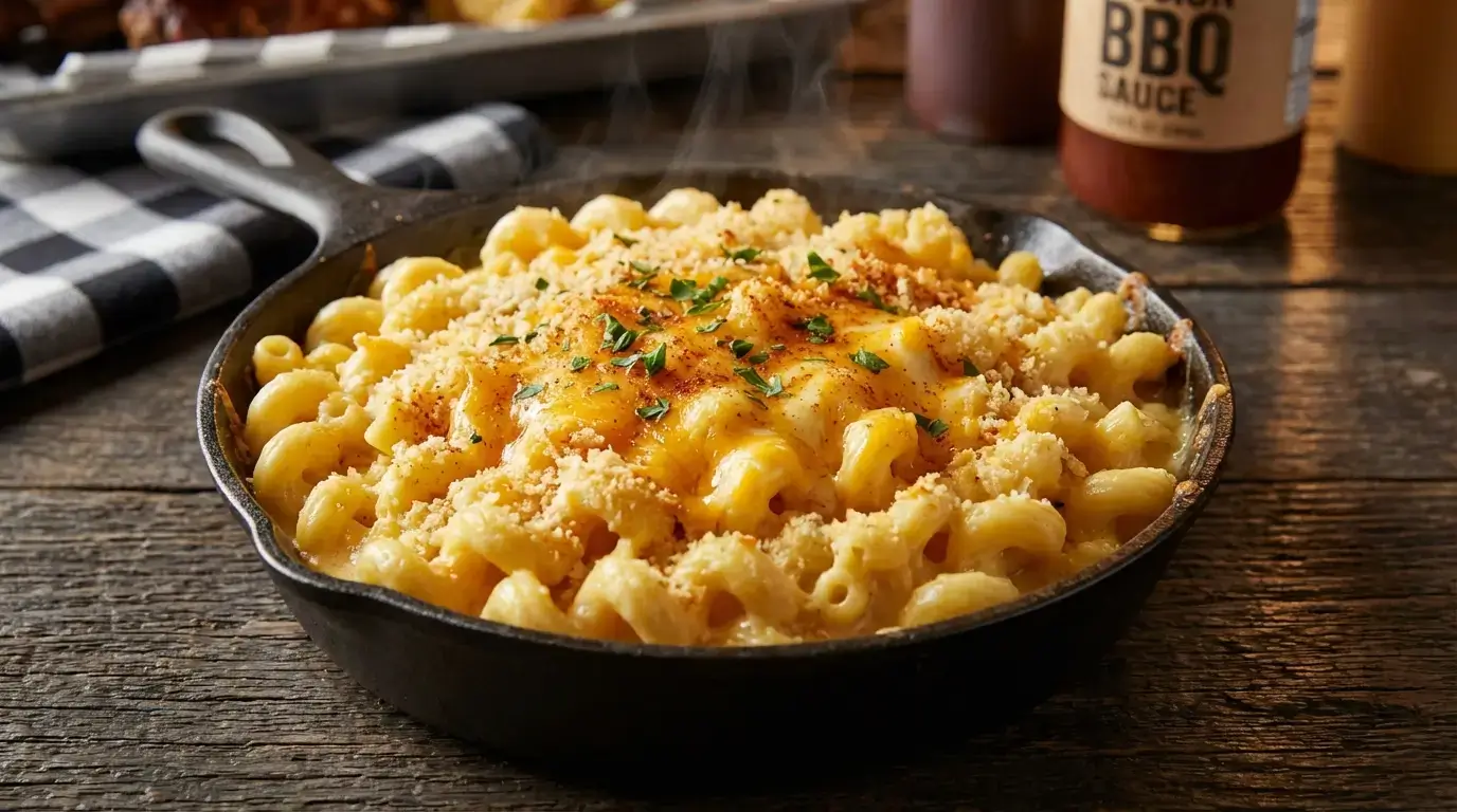 mission bbq mac and cheese recipe in a cast iron skillet
