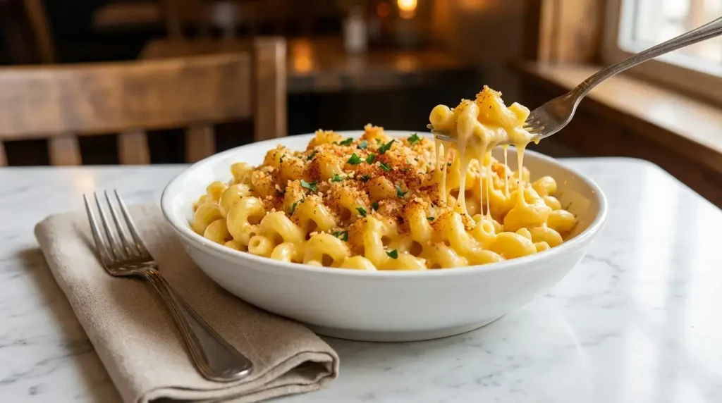 creamy mission bbq copycat mac and cheese served in white bowl on marble