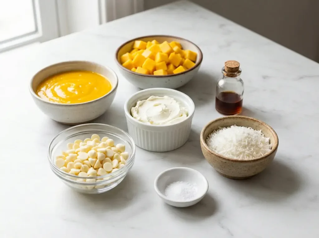 no bake mango truffles ingredients mango puree cream cheese coconut white chocolate