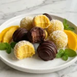 no bake mango truffles coconut coating creamy center chocolate drizzle