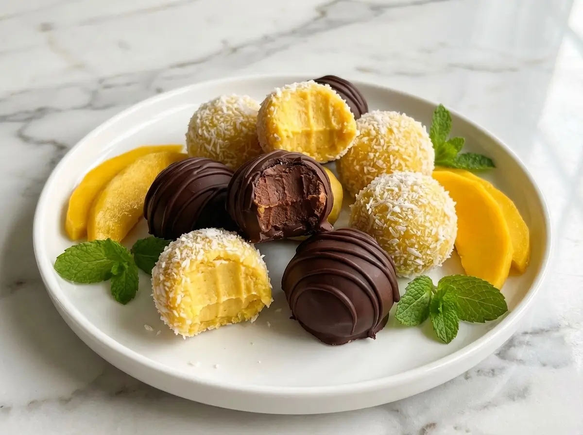 no bake mango truffles coconut coating creamy center chocolate drizzle