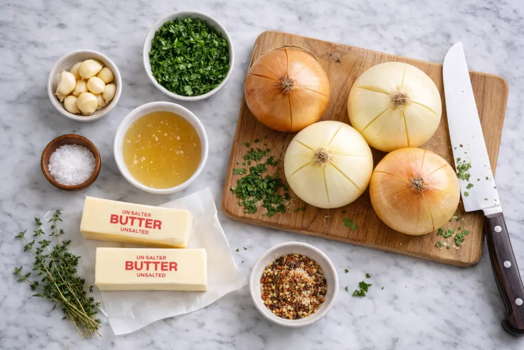 onion boil ingredients butter garlic herbs chicken broth onions on marble