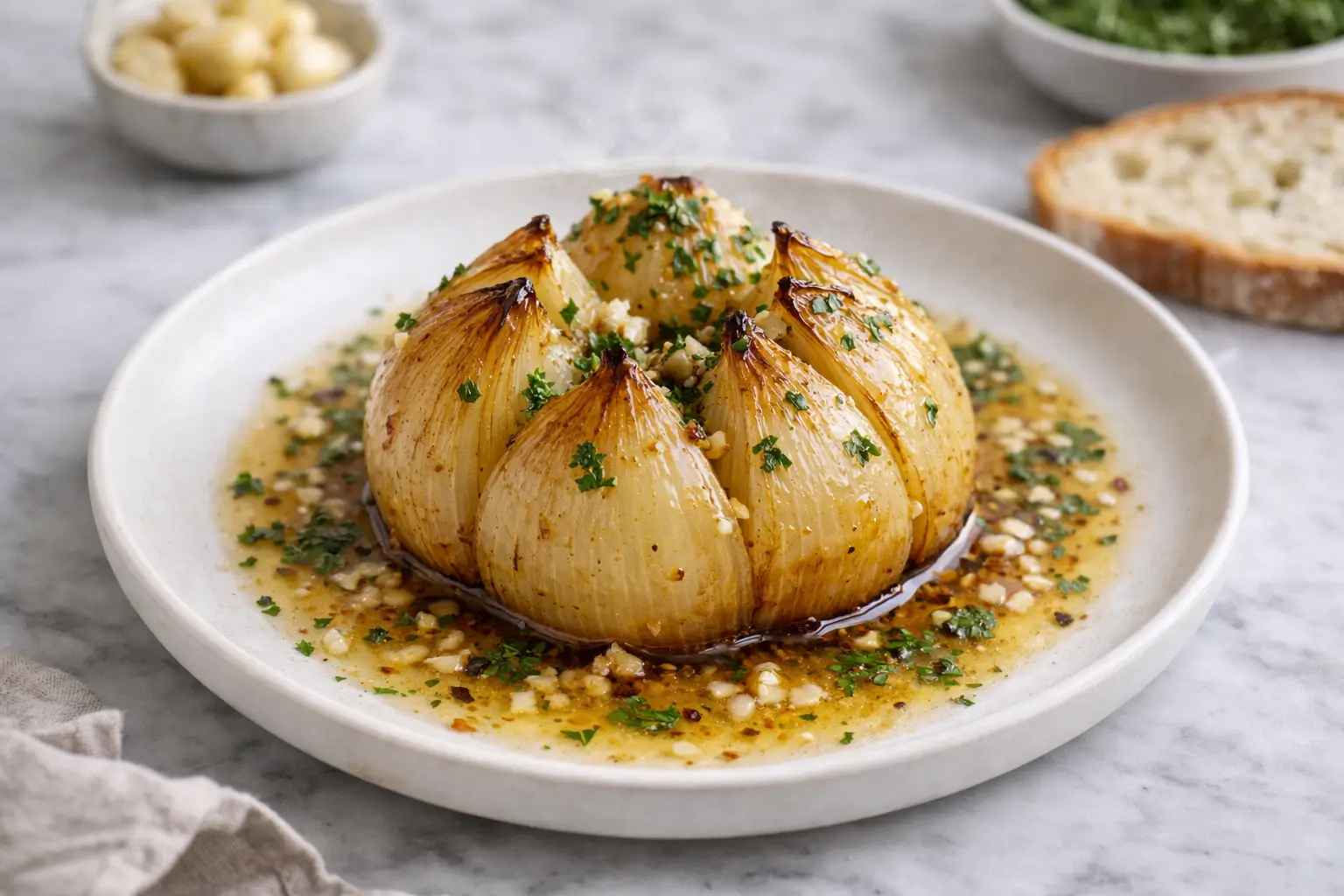 roasted onion boil with melted butter garlic herbs in white plate