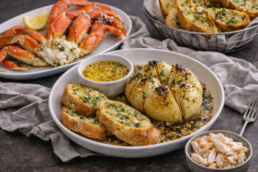 onion boil served with crab legs garlic bread and butter sauce
