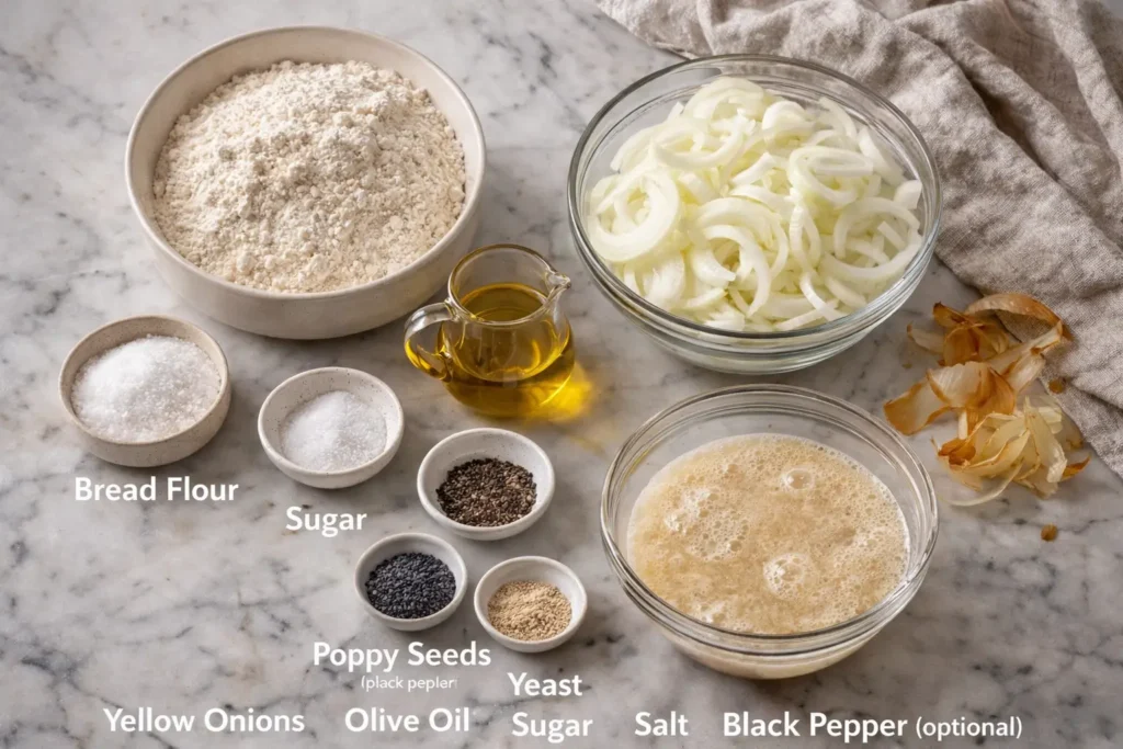 ingredients for onion rolls bread flour yeast onions olive oil