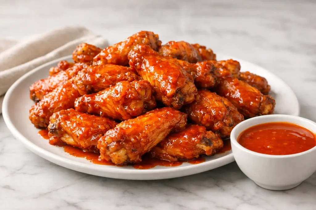 pizza hut style buffalo chicken wings coated in glossy buttery hot sauce on white plate