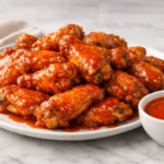 pizza hut style buffalo chicken wings coated in glossy buttery hot sauce on white plate