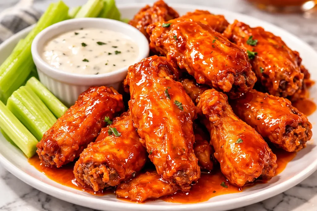 Crispy chicken wings coated in glossy buffalo sauce served on a white plate with celery and dipping sauce on a marble table