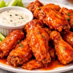 Crispy chicken wings coated in glossy buffalo sauce served on a white plate with celery and dipping sauce on a marble table