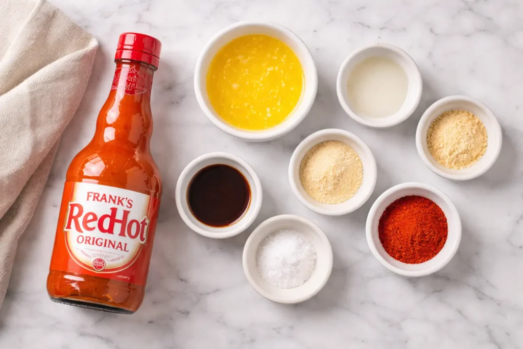 ingredients for pizza hut style buffalo wing sauce including franks redhot butter vinegar garlic powder cayenne and onion powder on marble counter