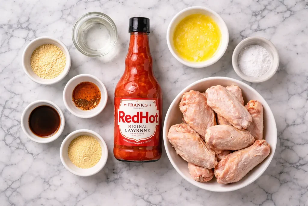 Ingredients for homemade Pizza Hut style buffalo wing sauce arranged on a white marble countertop