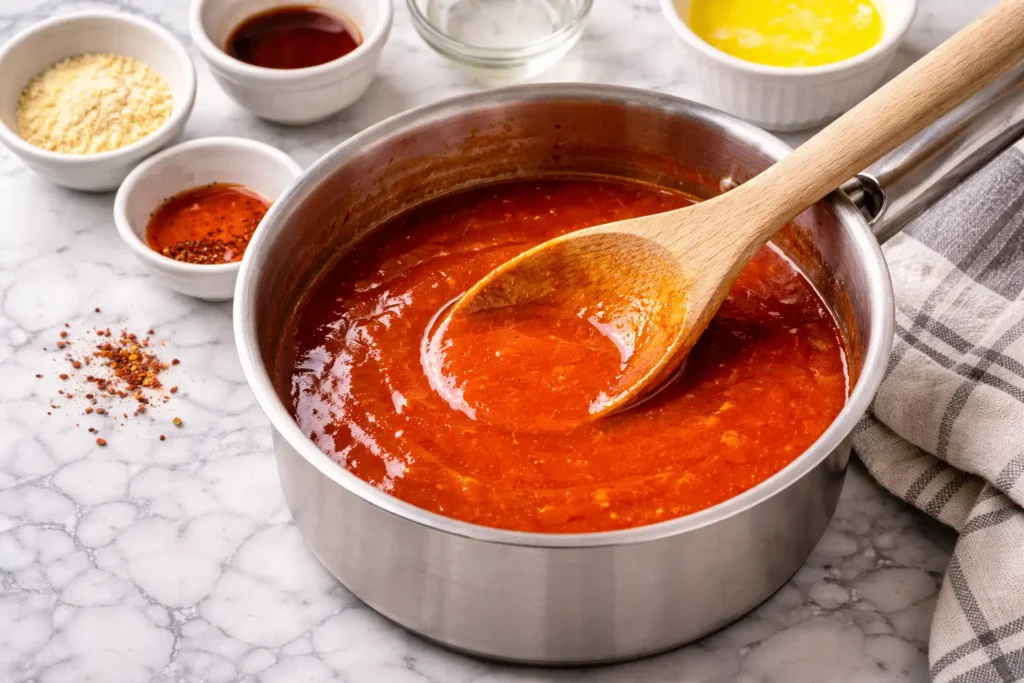 Buffalo wing sauce being stirred in a saucepan on a white marble countertop