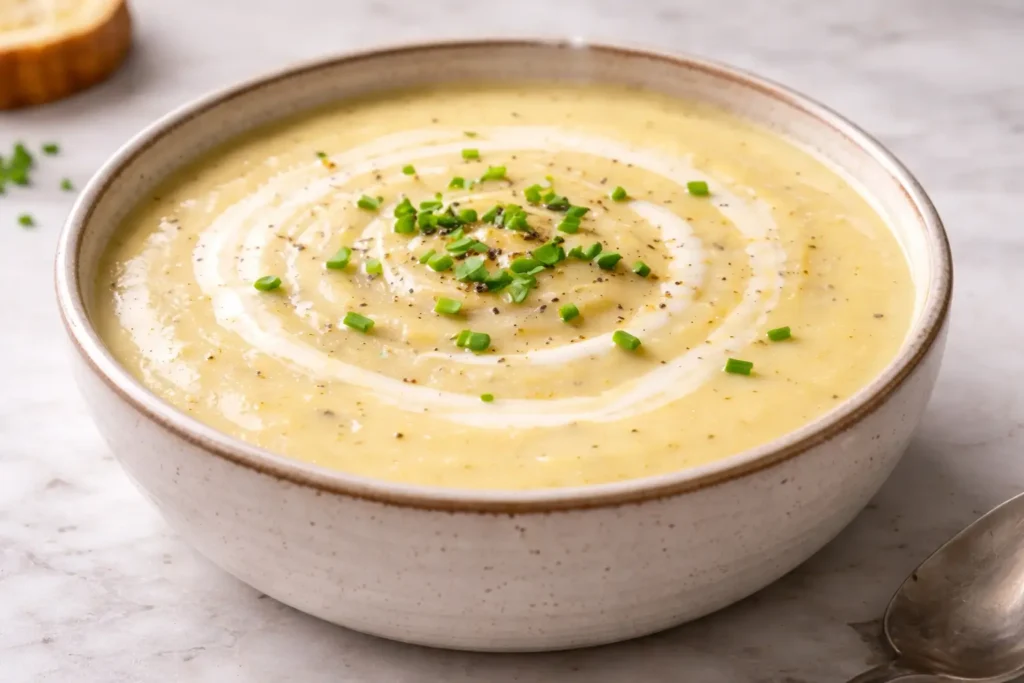 Creamy potato leek soup in a bowl with chives and cream swirl