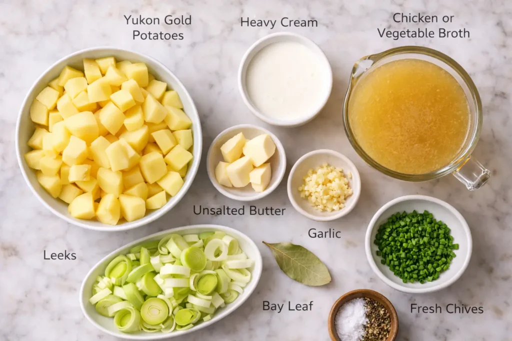 Ingredients for potato leek soup including potatoes, leeks, cream, and broth