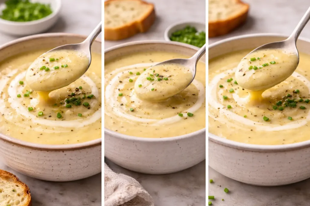 Creamy potato leek soup texture shown on spoon with chives garnish