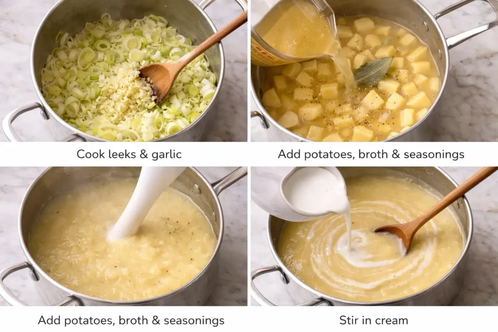 Step by step potato leek soup cooking process with leeks, potatoes, and cream