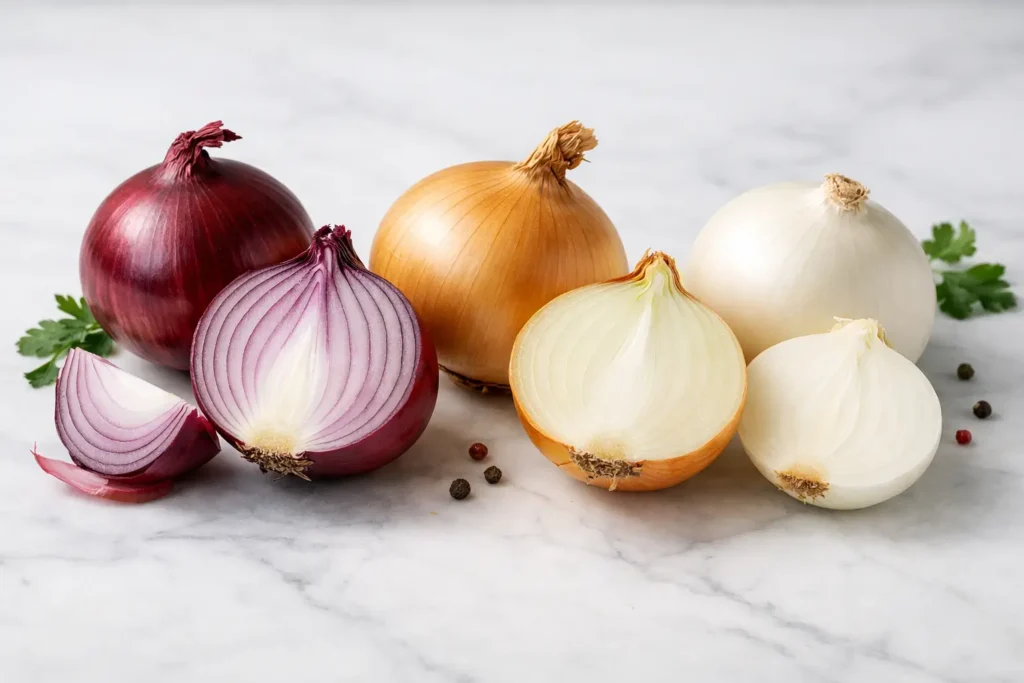Red yellow and white onions side by side comparison