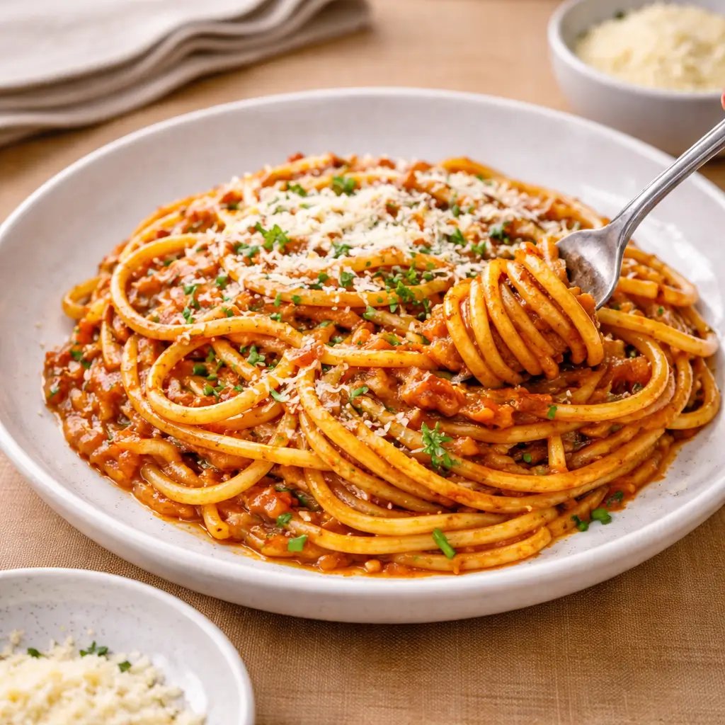 Restaurant style caramelized shallot pasta served on white plate with herbs and Parmesan
