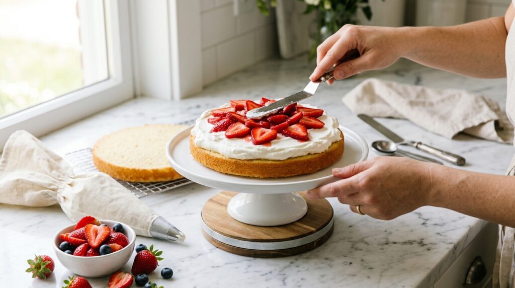 Assembling Rosemary's Bakery whipped cream cake — spreading whipped cream and fresh strawberries on sponge layer on white marble countertop