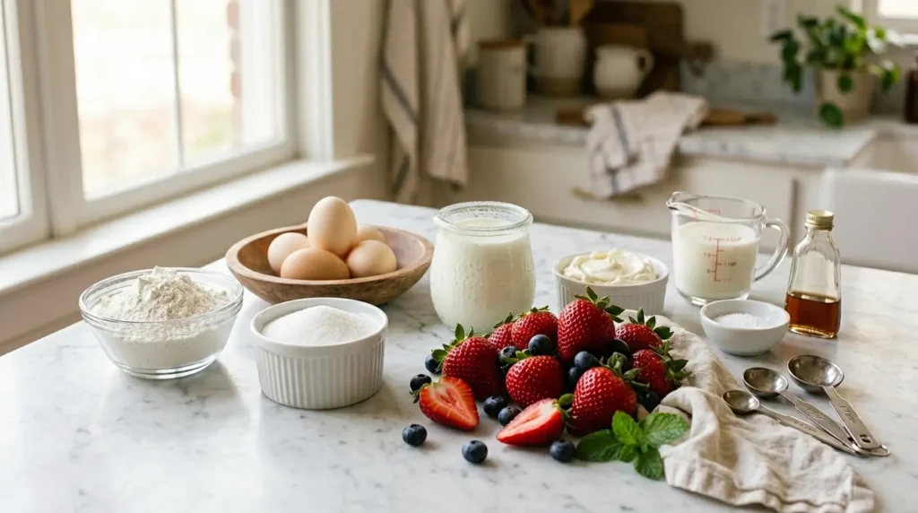 Fresh ingredients for Rosemary's Bakery whipped cream cake recipe Watertown — flour, eggs, heavy cream, strawberries and blueberries on white marble countertop