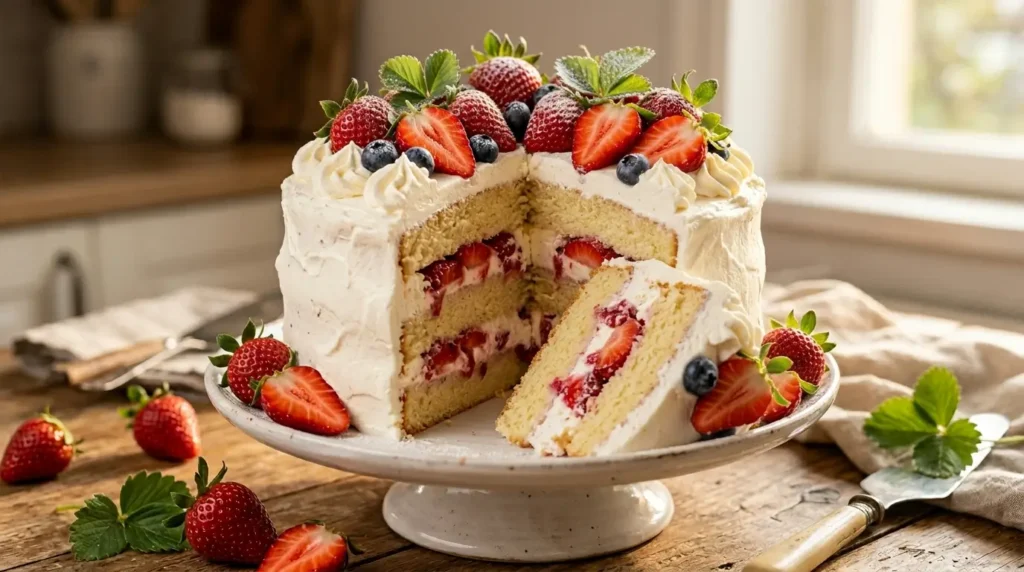 Rosemary's Bakery whipped cream cake recipe Watertown — three-layer sponge cake with whipped cream frosting, fresh strawberries and blueberries, one slice removed
