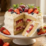 Rosemary's Bakery whipped cream cake recipe Watertown — three-layer sponge cake with whipped cream frosting, fresh strawberries and blueberries, one slice removed