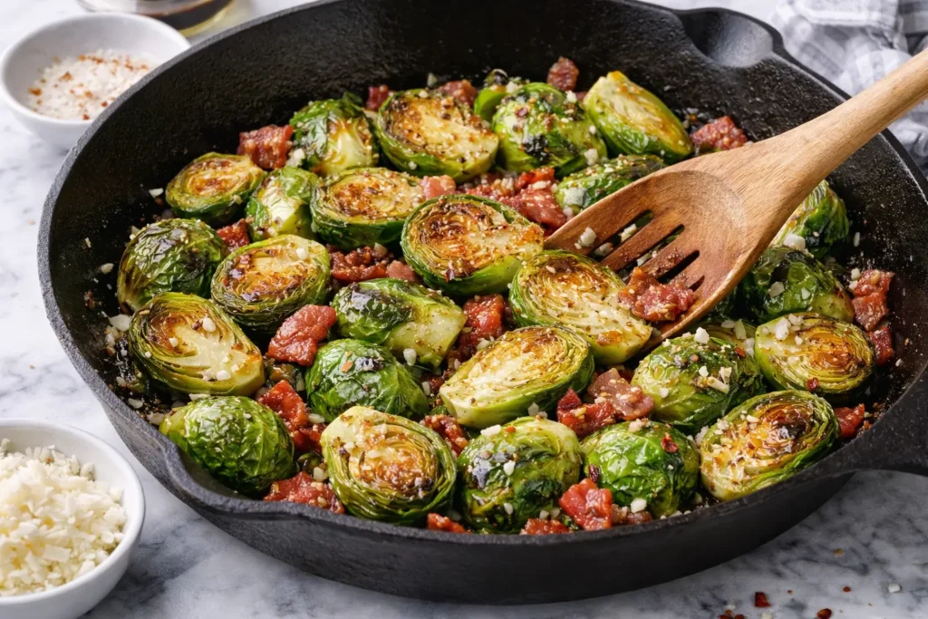 Brussels sprouts roasting in cast iron skillet with garlic and bacon