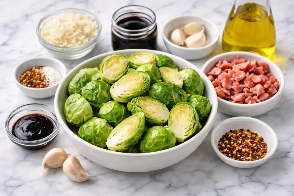 Ingredients for Saltgrass Brussels sprouts recipe on white marble counter