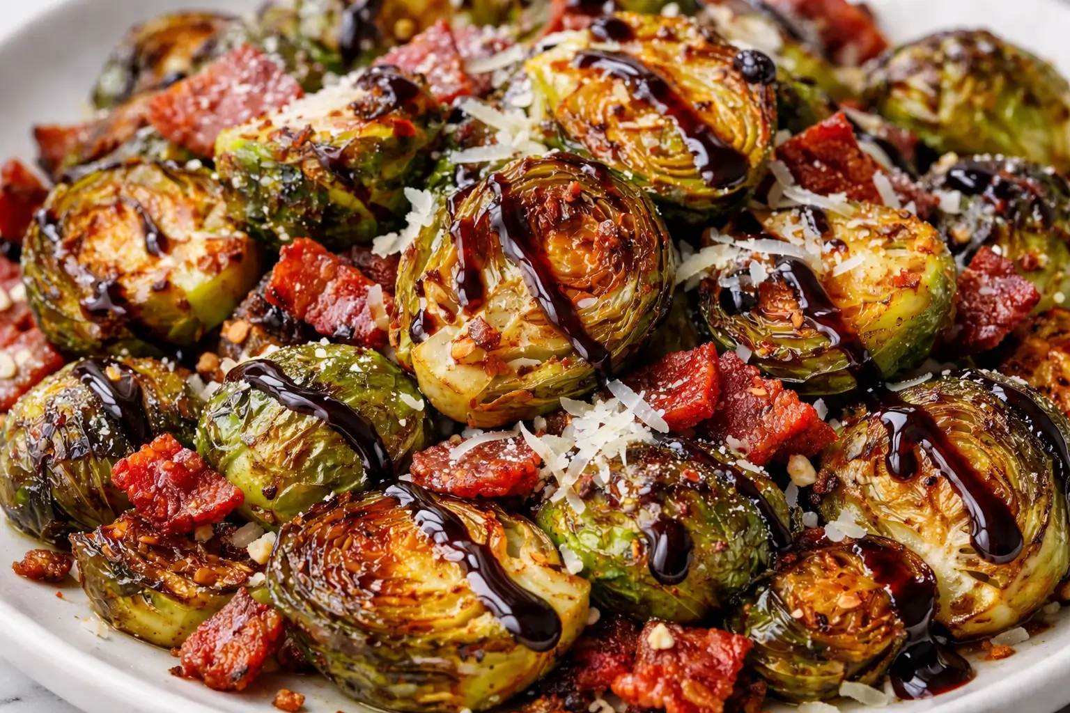 Saltgrass Brussels sprouts recipe with crispy bacon parmesan and balsamic glaze steakhouse style