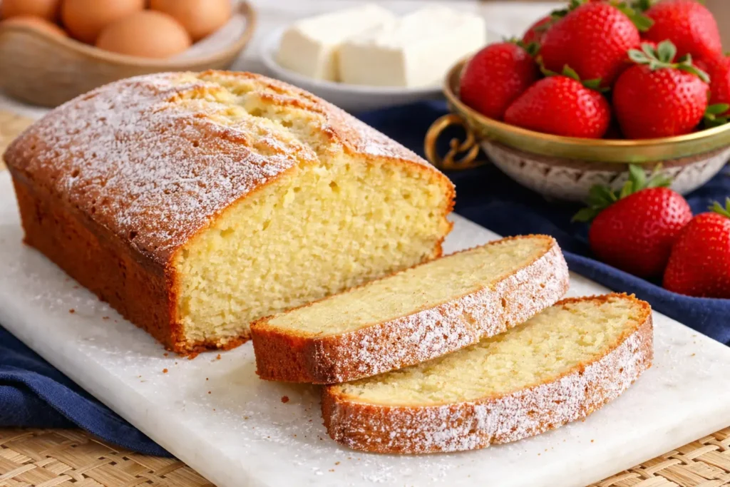 Moist Stock’s pound cake sliced with powdered sugar and strawberries