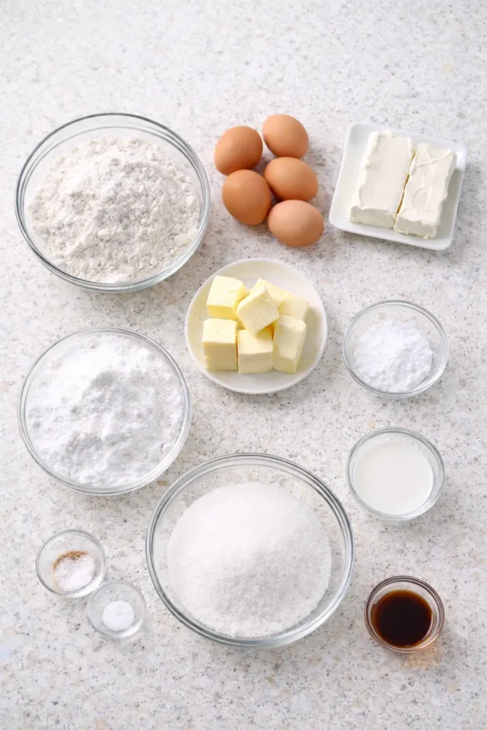 Ingredients for Stock’s pound cake butter eggs cream cheese flour sugar