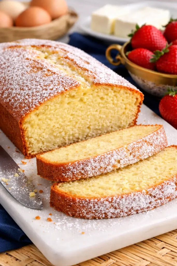 Sliced moist pound cake soft crumb buttery texture